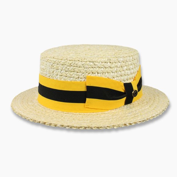 Men's Straw Boater Hat Gold Black Band Skimmer Barbershop Sailor Authentic - Picture 1 of 4